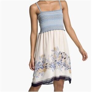 Hinge Color-block Smocked Bodice Sleeveless Dress Blue Cream M
